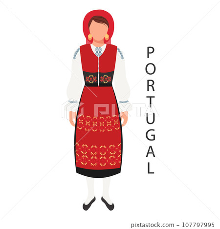 Woman in Portuguese national traditional costume. Culture and traditions of Portugal. Illustration, vector Woman in Portuguese national traditional costume. Culture and traditions of Portugal. Illustration, vector 107797995