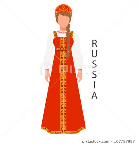 Woman in Russian national traditional costume. Culture and traditions of Russia. Illustration, vector 107797997