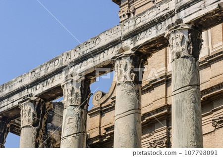 Detail of the entablature of temple of Antonio and Faustina 107798091