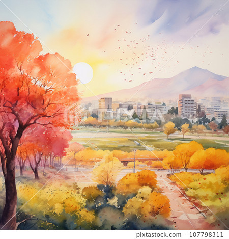 Cityscape seen from trees with autumn leaves 107798311