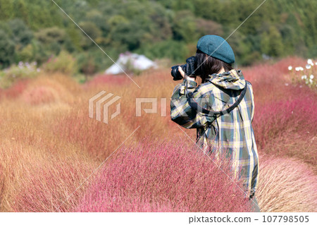一名婦女在伊賀野的地膚地拍照 一名婦女在伊賀野的地膚地拍照 107798505