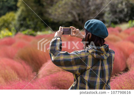 一名婦女在伊賀野的地膚地拍照 一名婦女在伊賀野的地膚地拍照 107798616