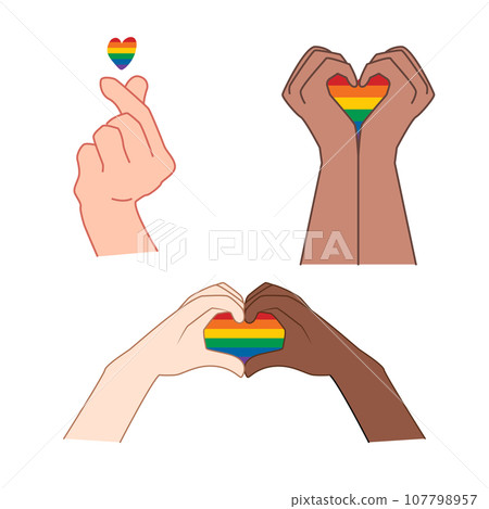 Hand showing lgbt heart. Heart symbol. Pride month concept. Love is love for illustartion Hand showing lgbt heart. Heart symbol. Pride month concept. Love is love for illustartion 107798957