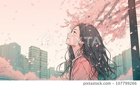 AI 生成的圖像：一名女子在城市中仰望櫻花 107799266