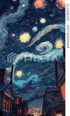 Hand drawn cartoon anime beautiful night starry sky illustration 107800775