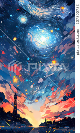Hand drawn cartoon anime beautiful night starry sky illustration Hand drawn cartoon anime beautiful night starry sky illustration 107800788