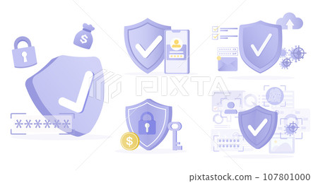 Collection of defense and shield concept scenes. Protect personal detail, account protection, strong password, antivirus system, safety lock. Set vector illustration. 107801000