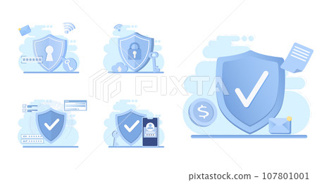 Collection of defense concept scenes. Big shield offers data protection, strong password, encryption key, firewall, security lock, sensitive data from cyber attack and threats. Vector illustration. Collection of defense concept scenes. Big shield offers data protection, strong password, encryption key, firewall, security lock, sensitive data from cyber attack and threats. Vector illustration. 107801001