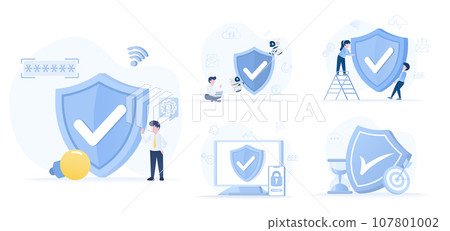 Collection of defense concept scenes. Big shield provide account protection, safety, security, strong passwords, firewalls and other sensitive data from cyber attack. Set vector illustration. 107801002