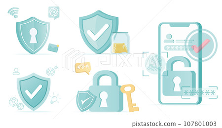 Collection of protection and shield concept scenes. Account protection, strong password, encryption key, internet banking, network security, sensitive data. Set flat vector illustration. Collection of protection and shield concept scenes. Account protection, strong password, encryption key, internet banking, network security, sensitive data. Set flat vector illustration. 107801003