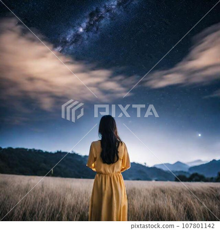 Rear view of a woman looking at the starry sky 107801142