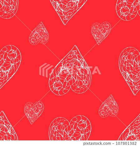 Seamless Pattern with Hearts. Hand Drawn Valentines Background. White Hearts on Red Background. Digital Paper Drawn by Colored Pencils. Seamless Pattern with Hearts. Hand Drawn Valentines Background. White Hearts on Red Background. Digital Paper Drawn by Colored Pencils. 107801382