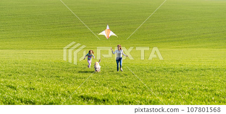 Two girls and dog running on the green field and holding flying kite 107801568