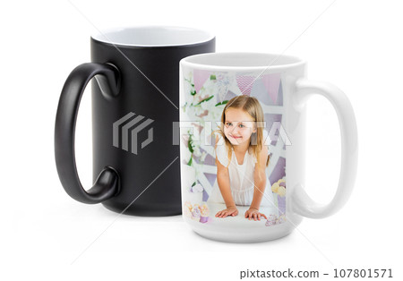 Cute little girl printed on chameleon cup isolated on white background 107801571