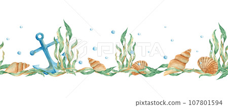 Horizontal watercolor sea, marine seamless border pattern. Nautical anchor, seaweeds, seashells and water bubbles. Hand drawn illustration. Can be used for fabric, packaging prints, frames, adhesive 107801594