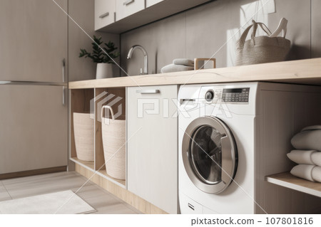 Convenient laundry room with modern appliances, including a washer and dryer set for quick and easy cleaning. The future is here with AI Generative technology. 107801816