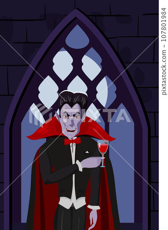 Dracula vampire character in black red cape with wineglass, dark castle window, moon, interior. Vector illustration cartoon style isolated 107801984