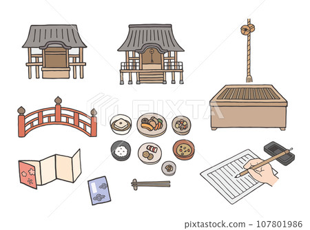 Hand-drawn illustration set related to temples (color) Hand-drawn illustration set related to temples (color) 107801986