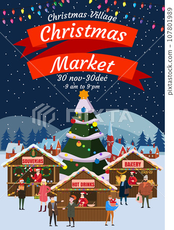 Christmas market poster. Xmas fair card with decorated Christmas tree Christmas market poster. Xmas fair card with decorated Christmas tree 107801989
