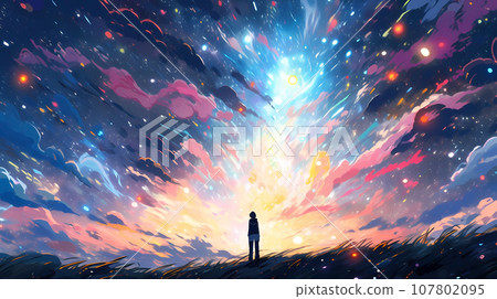 手绘卡通动漫唯美的夜晚的星空插画 107802095