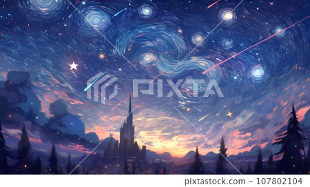手绘卡通动漫唯美的夜晚的星空插画 手绘卡通动漫唯美的夜晚的星空插画 107802104