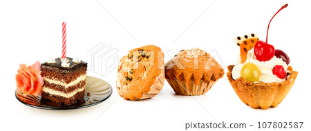 Tart with Fresh berries and muffin isolate on white. Wide photo. Collage. There is space for text. Tart with Fresh berries and muffin isolate on white. Wide photo. Collage. There is space for text. 107802587
