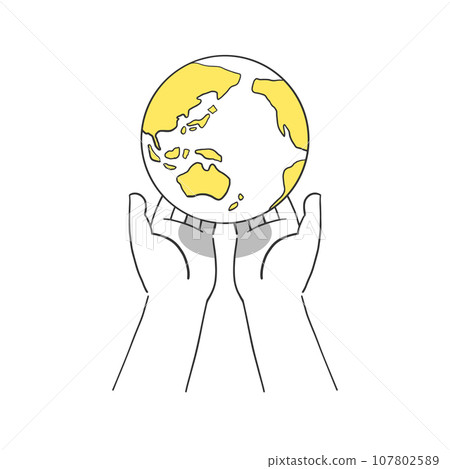 A simple illustration of a yellow earth on both hands A simple illustration of a yellow earth on both hands 107802589