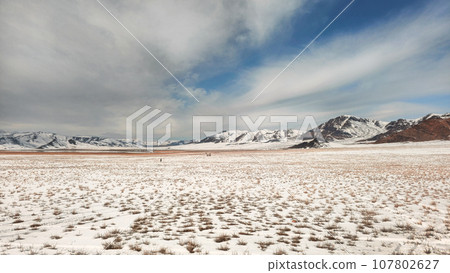 Panorama of the snow-covered steppe with mountains on the horizon. Mountain pasture covered with snow. Panorama of the snow-covered steppe with mountains on the horizon. Mountain pasture covered with snow. 107802627