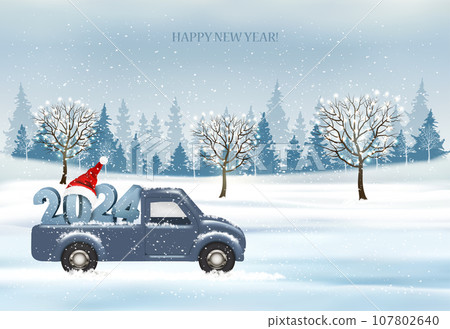 Holiday Christmas and Happy New Year background with with evening landscape and blue car with 2024 numbers and Santa hat. Winter illustration, banner, vector Holiday Christmas and Happy New Year background with with evening landscape and blue car with 2024 numbers and Santa hat. Winter illustration, banner, vector 107802640