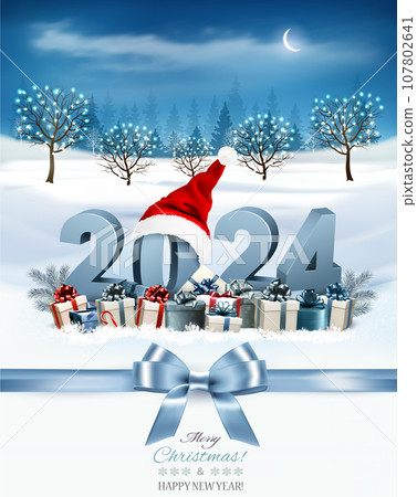Holiday Christmas and Happy New Year 2024 background. Evening landscape and christmas colorful presents and Santa hat. Vector 107802641