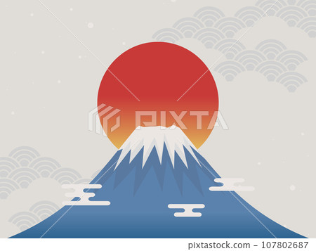 浮世繪風格的富士山與日出 107802687