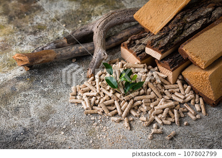 Eco fuel wooden pellets with firewood 107802799
