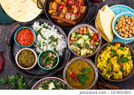 Assorted of traditional Indian food. Assorted of traditional Indian food. 107802803