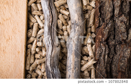 Eco fuel wooden pellets with firewood 107802848