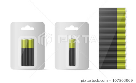 Two, ten Alkaline Battery in Paper Blister and Battery Icon Set Closeup Isolated. AA Size. Design Template for Branding, Mockup. Two, ten Alkaline Battery in Paper Blister and Battery Icon Set Closeup Isolated. AA Size. Design Template for Branding, Mockup. 107803069