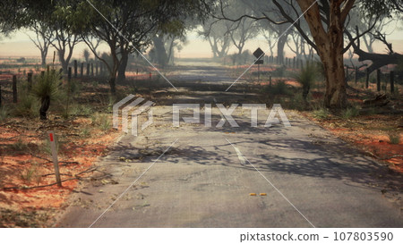 A quiet and serene road nestled amongst a lush forest A quiet and serene road nestled amongst a lush forest 107803590