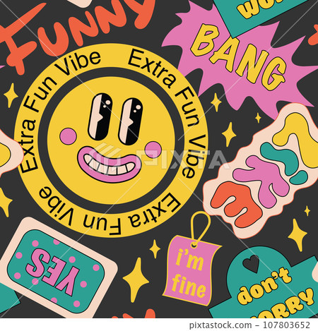 90s Cool Stickers Collage seamless Pattern. Funky, Groovy Background with Retro Colour Patches. Cartoon Fun Smile Faces, y2k Vector Illustration. . Vector illustration 107803652