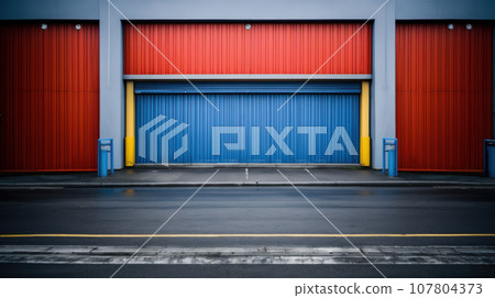 Closed blue roller shutters Closed blue roller shutters 107804373