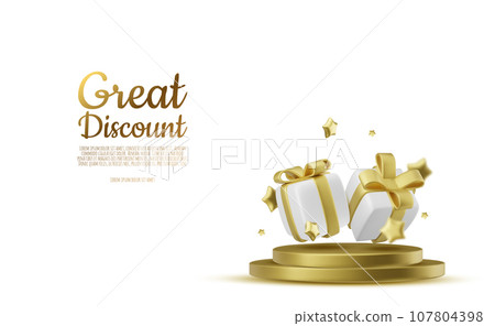 Gift box isolated on white. 3d white gift boxes with golden ribbon and bow. Birthday celebration concept. Vector illustration. 107804398