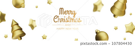 Christmas banner. Xmas background design of 3d christmas tree, gold star, gold tinsel confetti. Horizontal Christmas header for website template, flat top view. 107804430