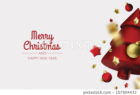 Christmas banner. Xmas background design of 3d christmas tree, gold star, gold tinsel confetti. Horizontal Christmas header for website template, flat top view. 107804432
