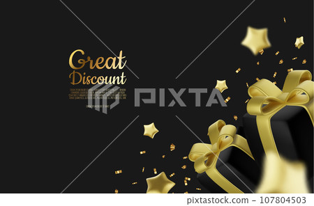 New Year or Christmas sales design template. Vector illustration. Winter background with decorative gift box and gold stars 107804503