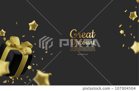 Realistic holiday design with Gift box around stars. Festive background with luxury gift box. 3d render object. Holiday banner, web poster, greeting card. vector illustration 107804504