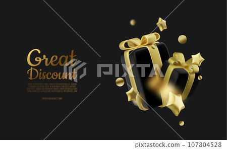 Happy New Year and Merry Christmas. Christmas holiday background with realistic 3d objects,gold and red bauble balls, conical metal stars. Levitation falling design composition. 107804528