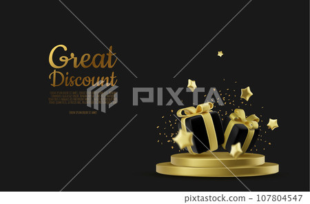 Realistic holiday design with Gift box around stars. Festive background with luxury gift box. 3d render object. Holiday banner, web poster, greeting card. vector illustration Realistic holiday design with Gift box around stars. Festive background with luxury gift box. 3d render object. Holiday banner, web poster, greeting card. vector illustration 107804547