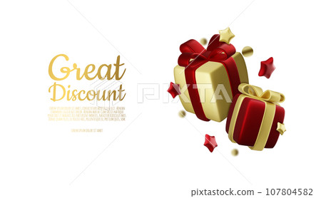 Realistic holiday design with Gift box around stars. Festive background with luxury gift box. 3d render object. Holiday banner, web poster, greeting card. vector illustration 107804582