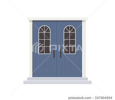 Cute blue antique double doors with glass windows Cute blue antique double doors with glass windows 107804894