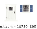 Cute white vintage door and window with blue shutters 107804895