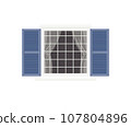Cute white vintage window with blue shutters 107804896