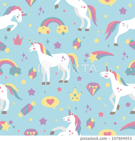 Seamless vector pattern with cute unicorns on a floral background. Ideal for textiles, wallpapers or prints. Seamless vector pattern with cute unicorns on a floral background. Ideal for textiles, wallpapers or prints. 107804953
